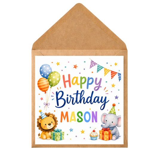 Personalised Birthday Card for Boys | Cute Lion & Elephant Birthday Card | Custom Name Birthday Card | Children's Birthday Greeting Card