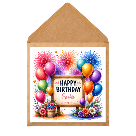 Personalised Birthday Card with Name | Colourful Balloons & Fireworks | Custom Birthday Card for Any Age | Handmade Birthday Card