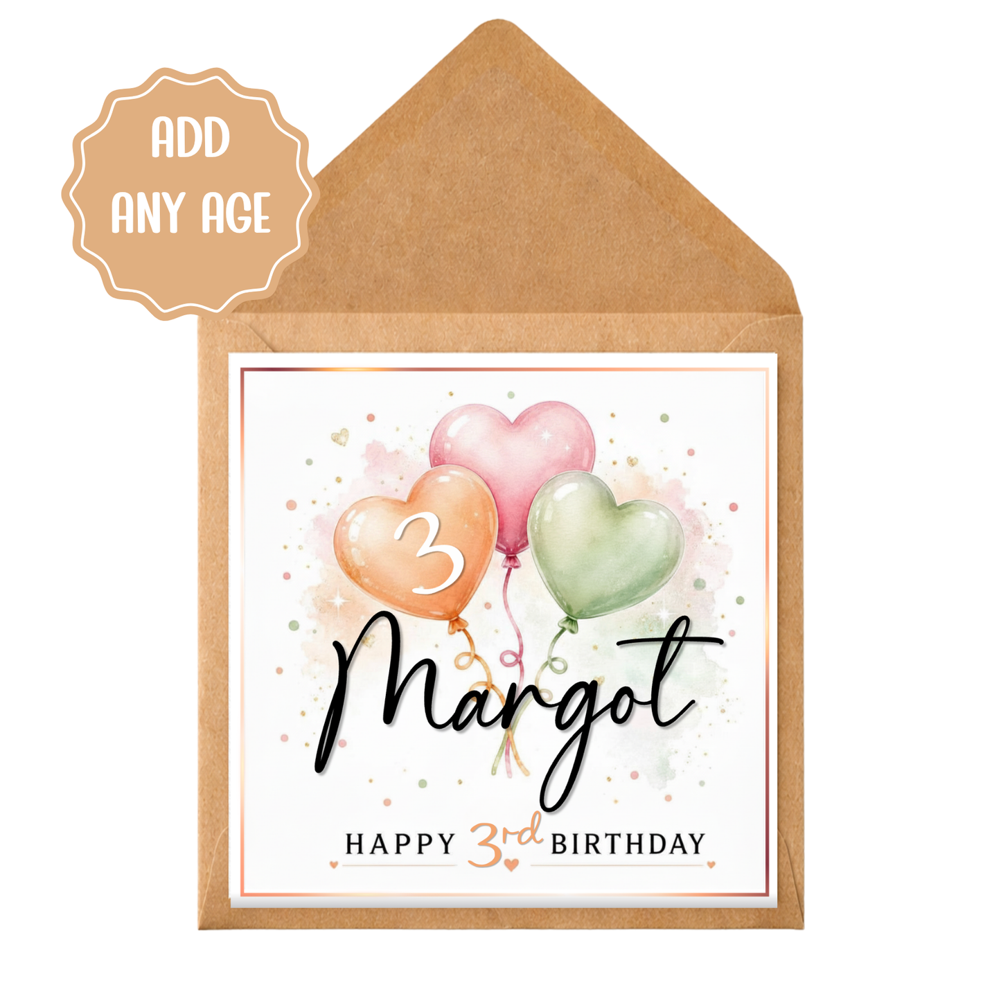 Personalised Birthday Card With Name | Any Age Heart Balloon Birthday Card | Custom Child Birthday Card | Girl Birthday Card | Cute Pastel Card
