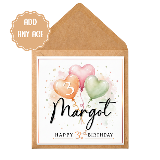 Personalised Birthday Card With Name | Any Age Heart Balloon Birthday Card | Custom Child Birthday Card | Girl Birthday Card | Cute Pastel Card
