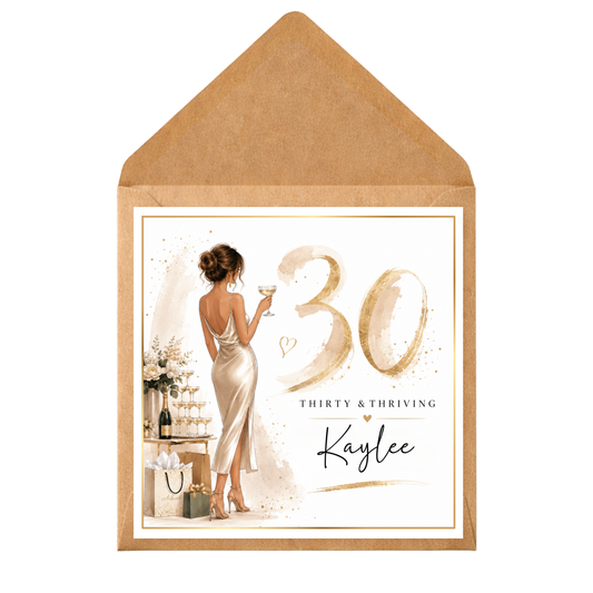 Personalised 30th Birthday Card for Her | Thirty & Thriving Birthday Card | Custom Name 30th Card | Elegant Champagne Gold Birthday Card