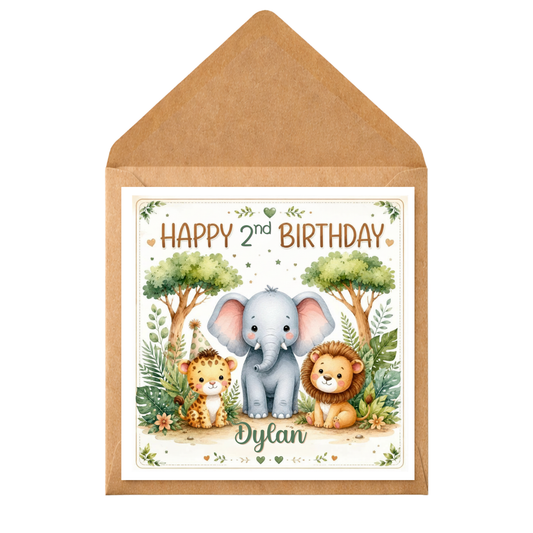 Personalised Birthday Card for Boy | Cute Safari Animals Birthday Card | Elephant Lion Jungle Card | Any Age | Custom Name Card