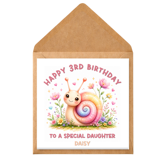 Personalised Girls Birthday Card Any Age, Cute Snail Birthday Card, Daughter Birthday Card, Kids Birthday Card, Custom Name Card for Girl