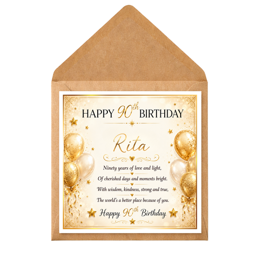 Personalised 90th Birthday Card, Custom Name 90th Birthday Card, Happy 90th Card for Her Him, Elegant 90th Birthday Card, Mum Dad Friend