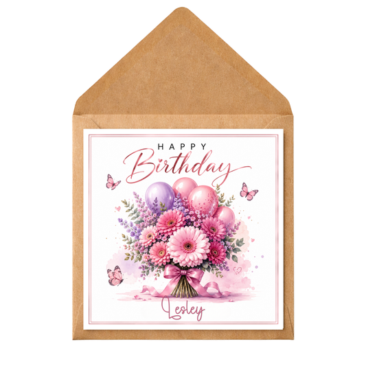 Personalised Birthday Card With Name | Floral Balloon Birthday Card | Custom Happy Birthday Card | Any Age Any Recipient | Pretty Flower Birthday Card