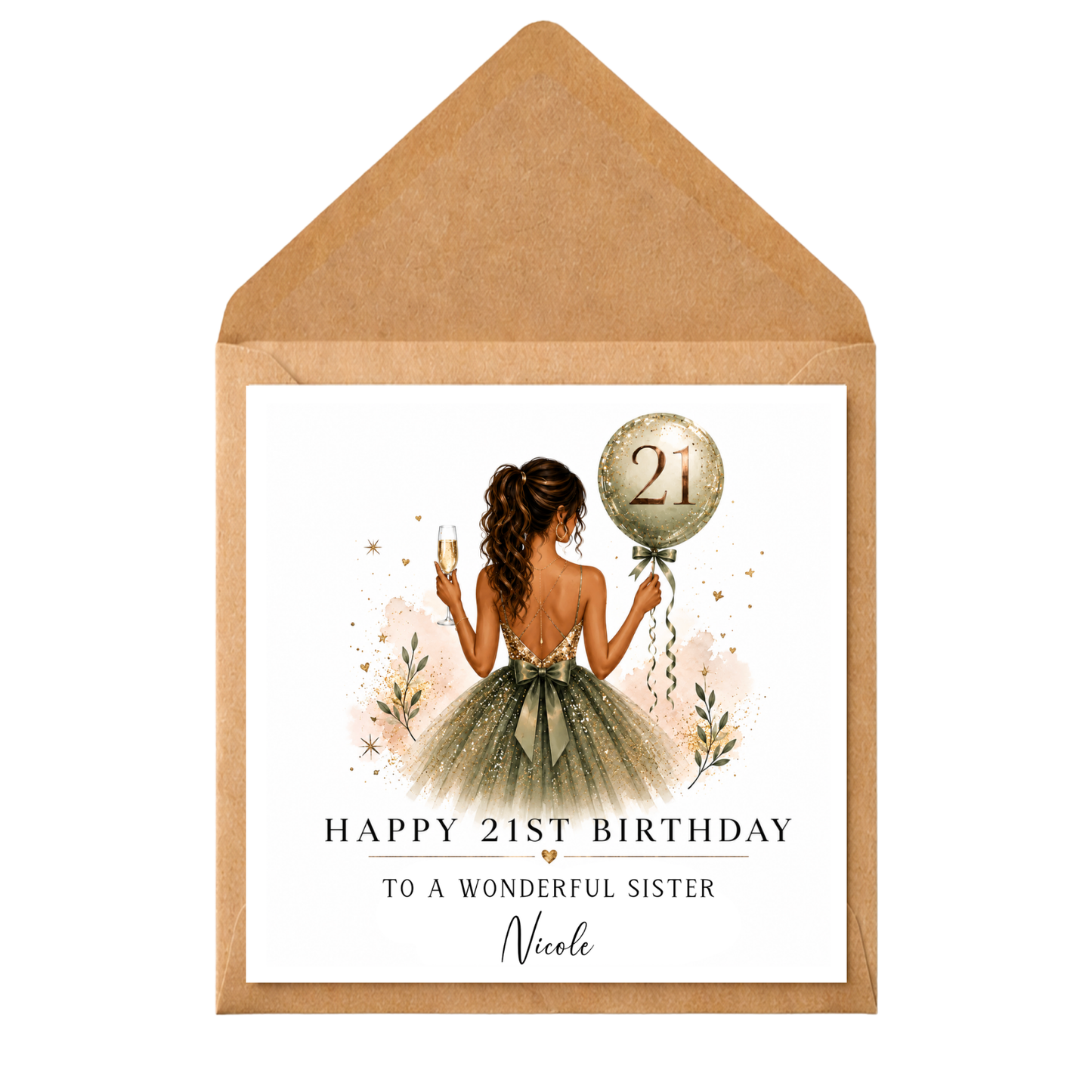 Personalised 21st Birthday Card for Sister | Any Relation Birthday Card | Custom Name Birthday Card | Elegant Green & Gold Birthday Card