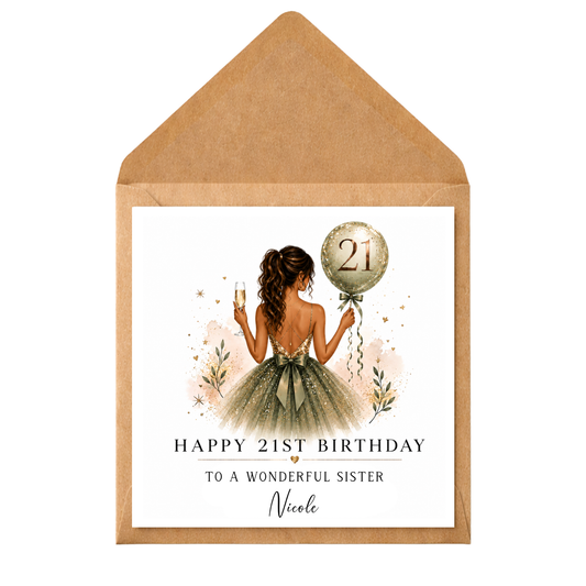 Personalised 21st Birthday Card for Sister | Any Relation Birthday Card | Custom Name Birthday Card | Elegant Green & Gold Birthday Card