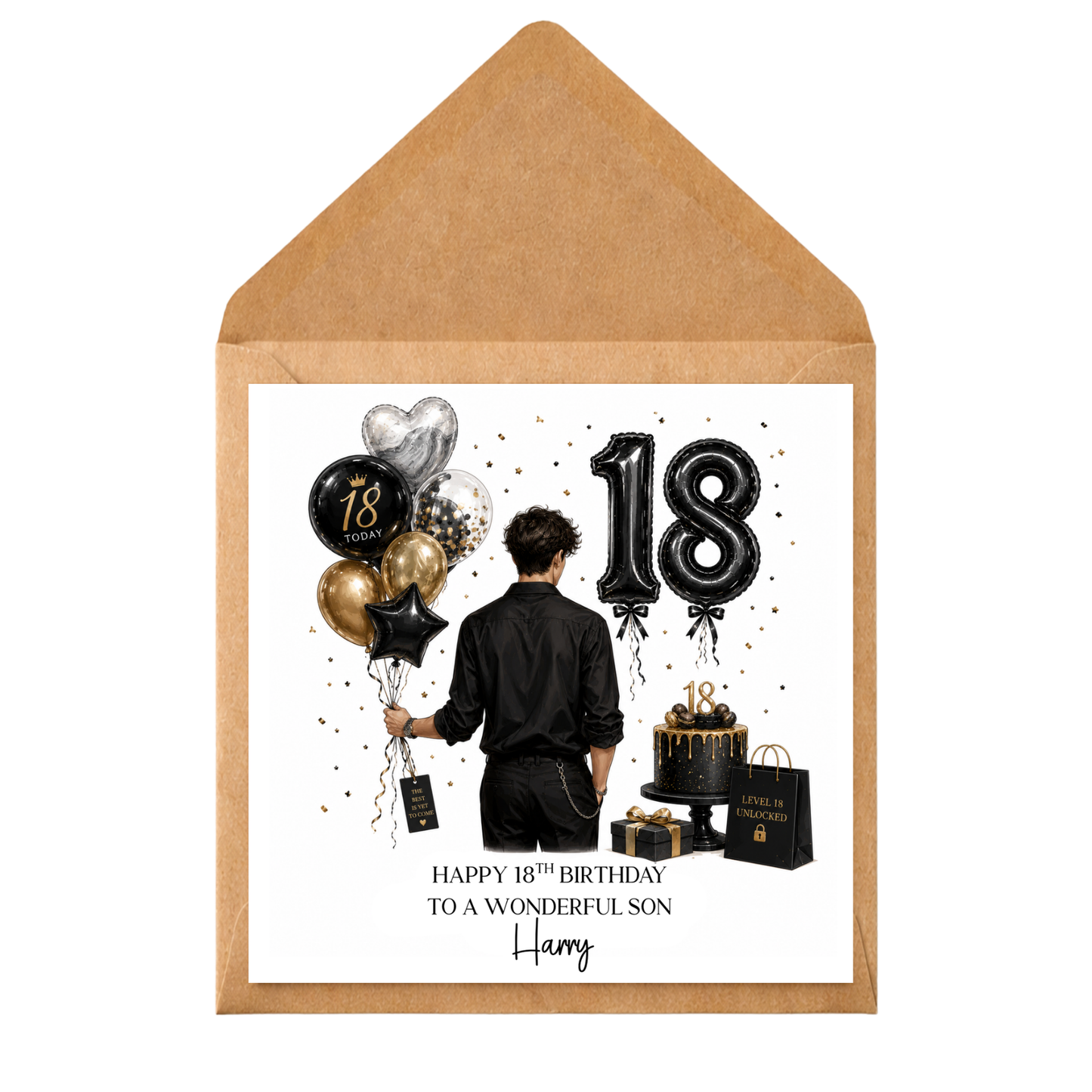 Personalised 18th Birthday Card | Custom Name 18th Birthday Card | Black Gold Birthday Card for Teenage Son | Any Relation 18th Birthday