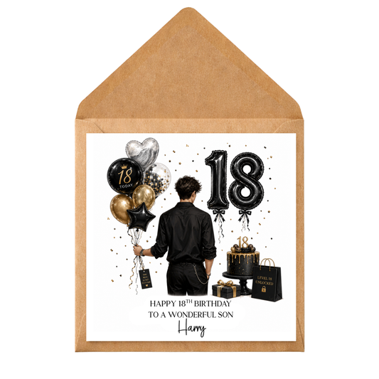 Personalised 18th Birthday Card | Custom Name 18th Birthday Card | Black Gold Birthday Card for Teenage Son | Any Relation 18th Birthday