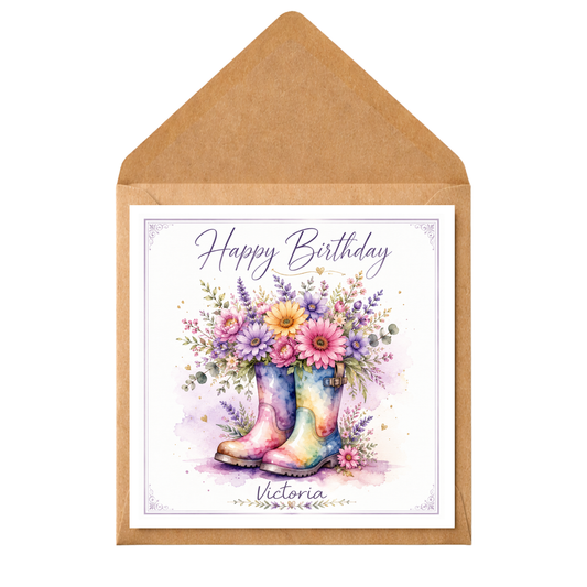 Personalised Birthday Card with Wellies & Flowers | Custom Name Birthday Card | Colourful Floral Wellington Boots Card | Unique Birthday Card for Her