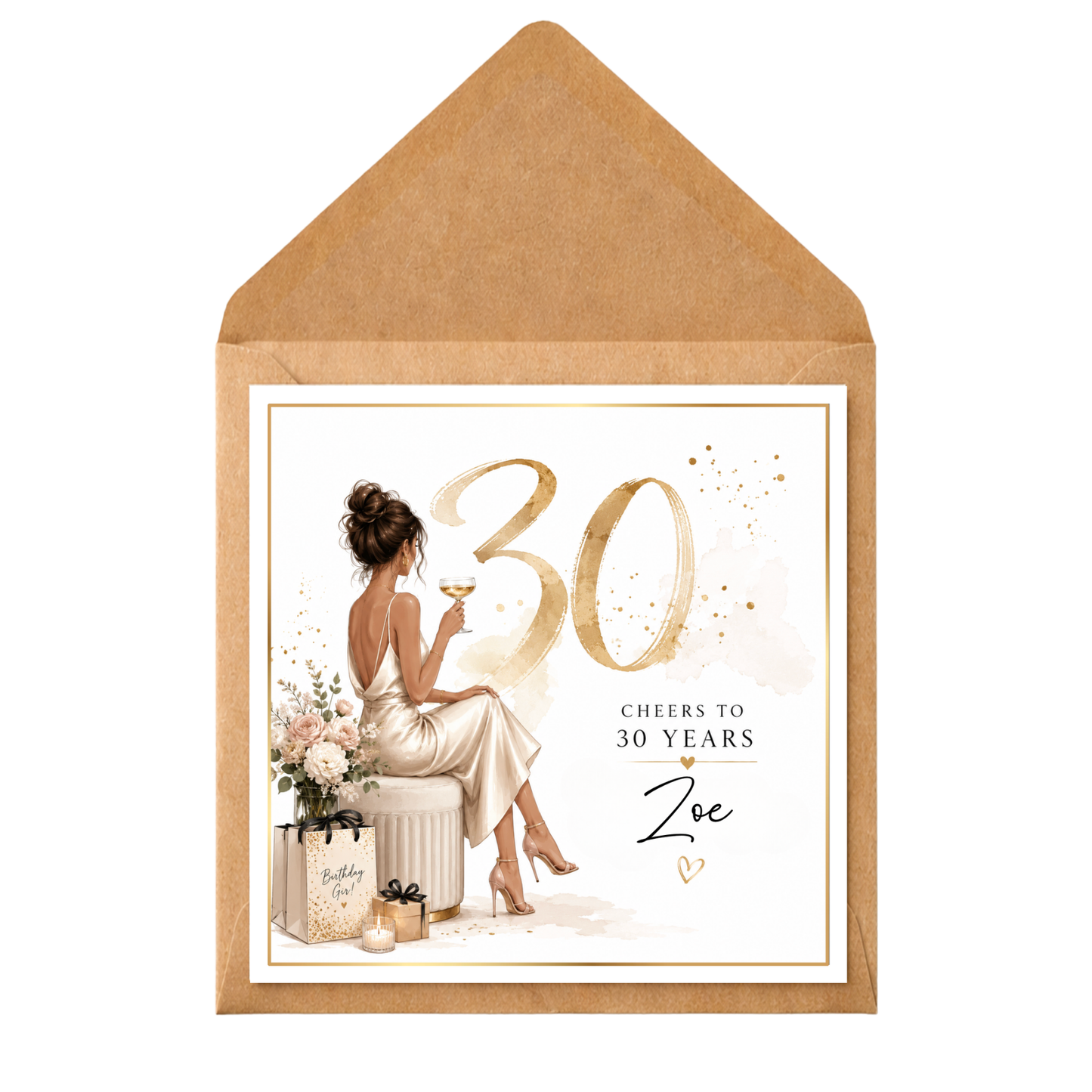 Personalised 30th Birthday Card for Her | Thirty & Thriving Birthday Card | Custom Name 30th Card | Elegant Champagne Gold Birthday Card