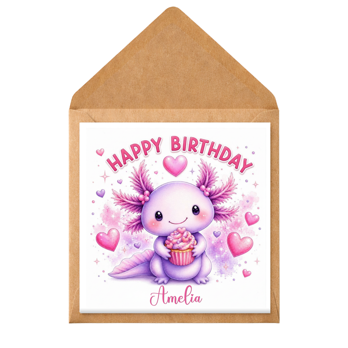 Personalised Axolotl Birthday Card for Girl | Cute Animal Birthday Card Any Age | Custom Name Child Birthday Card | Pink Purple Kids Card
