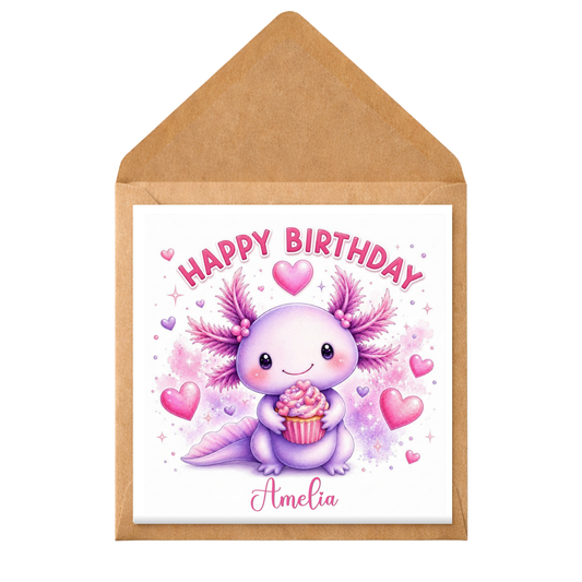 Personalised Axolotl Birthday Card for Girl | Cute Animal Birthday Card Any Age | Custom Name Child Birthday Card | Pink Purple Kids Card