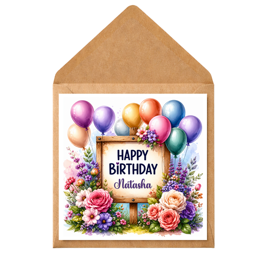 Personalised Birthday Card – Floral Balloon Birthday Card with Name – Custom Happy Birthday Card for Her, Friend, Mum, Daughter