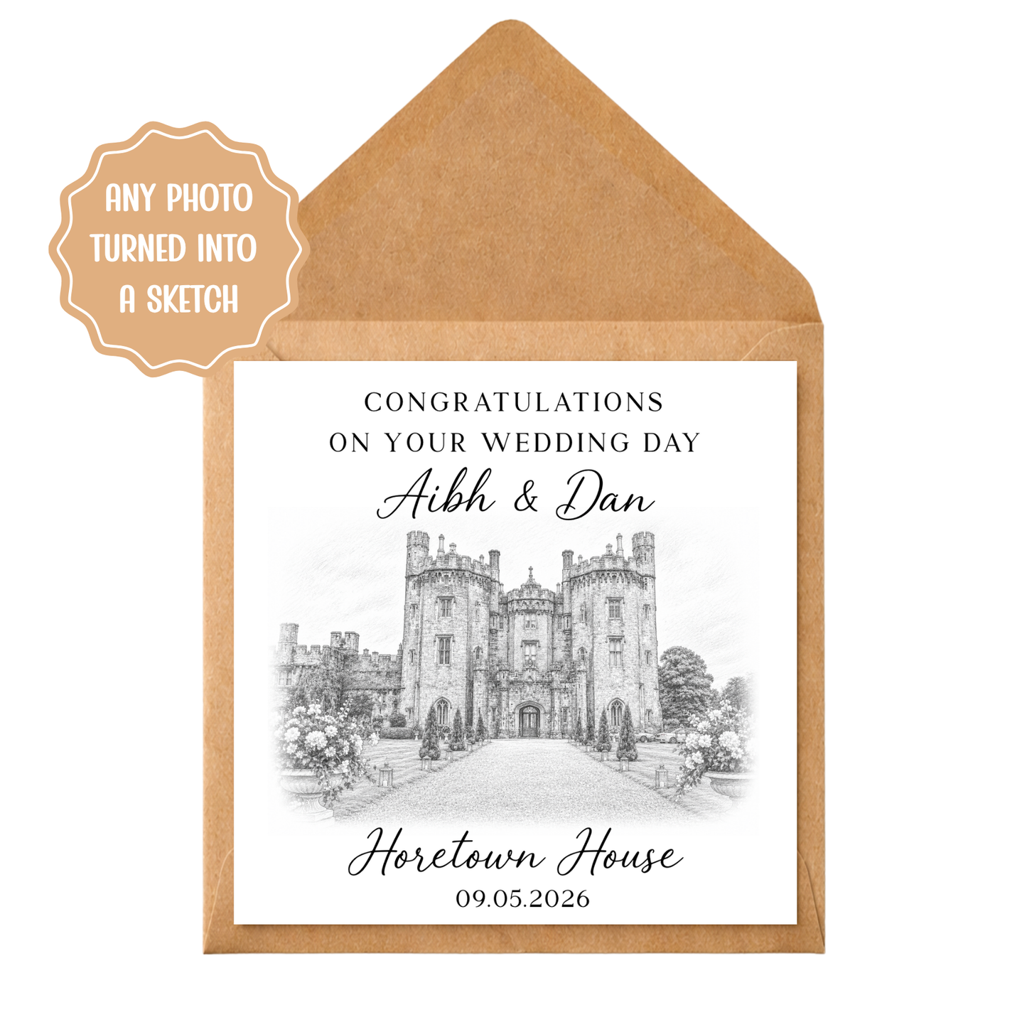 Custom Wedding Venue Sketch Card, Photo Illustration, Personalised Day