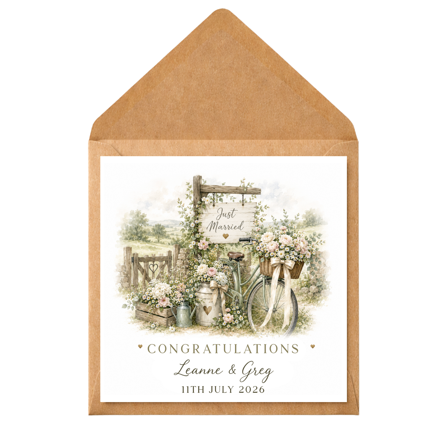 Personalised Wedding Card, Just Married Card, Congratulations Wedding Card, Custom Bride & Groom Card, Rustic Bicycle Wedding Gift