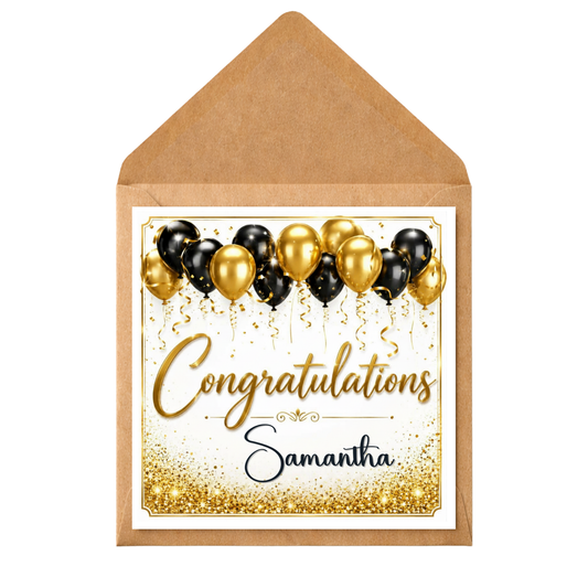 Personalised Congratulations Card | Black & Gold Balloon Card | Custom Celebration Card | Graduation New Job Promotion Engagement