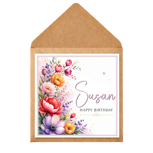 Personalised Floral Birthday Card – Custom Name Birthday Card for Her – Elegant Flower Birthday Card – Any Age & Recipient – Mum Nan Sister Friend
