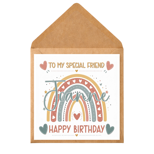 Personalised Rainbow Birthday Card for Any Relative – Custom Name Birthday Card for Aunty, Sister, Mum, Niece, Friend – Boho Heart Design