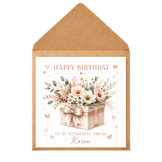 Personalised Friend Birthday Card, Custom Name Birthday Card for Friend, Floral Gift Box Card, Best Friend Birthday Card, Any Recipient Card