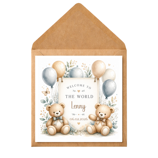 Personalised New Baby Card | Welcome Baby Card | Teddy Bear Baby Card | Neutral Baby Shower Card | Newborn Congratulations