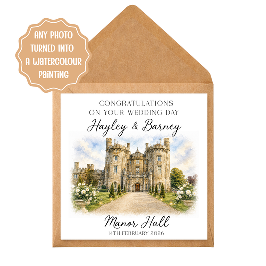 Custom Watercolour Venue Wedding Card, Personalised House Portrait Keepsake
