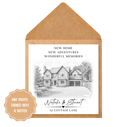 Custom House Portrait Sketch Card, New Home Gift, Personalised Address Print
