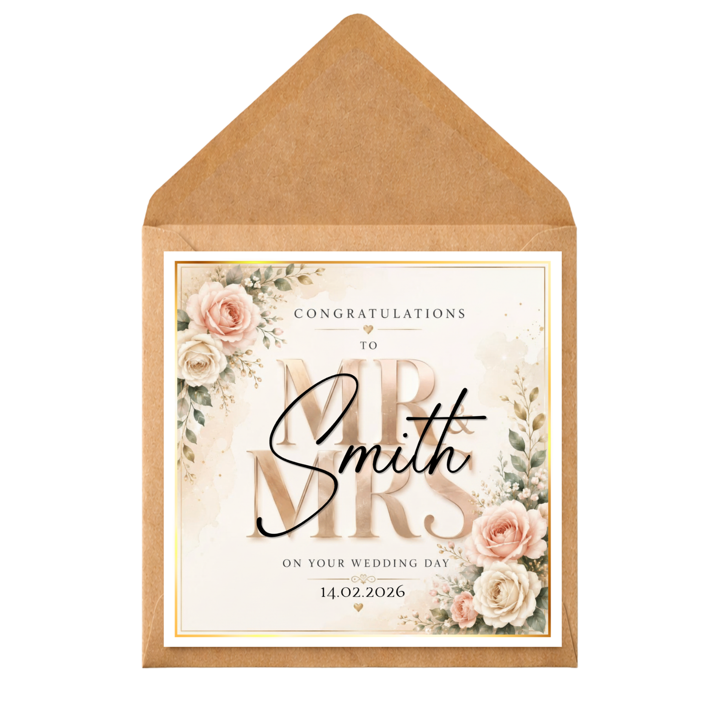 Personalised Wedding Card for Mr & Mrs | Custom Names Wedding Congratulations Card | Elegant Floral Wedding Day Card | Bride & Groom Card