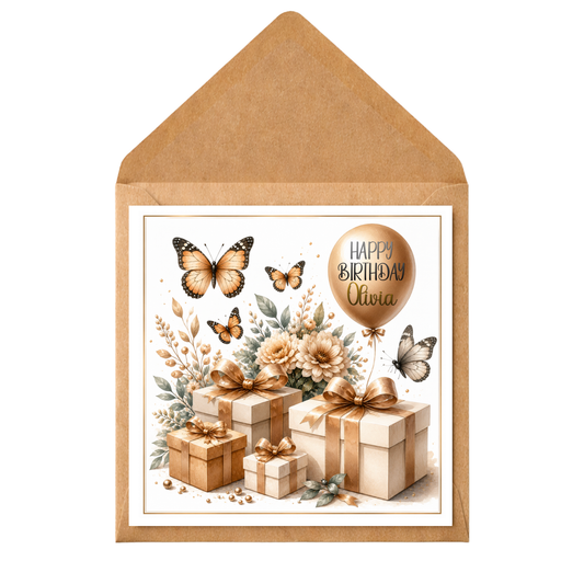 Personalised Butterfly Birthday Card – Elegant Neutral Birthday Card – Custom Name Balloon Card – Floral Birthday Card for Her – Luxury Birthday Card