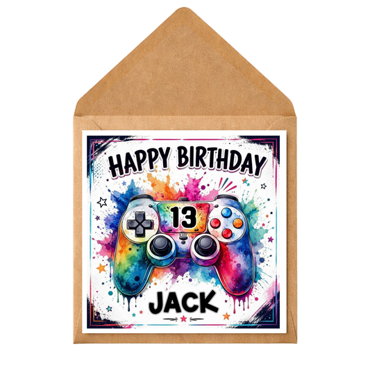 Personalised Gamer Birthday Card | Custom Age & Name | Gaming Controller Watercolour