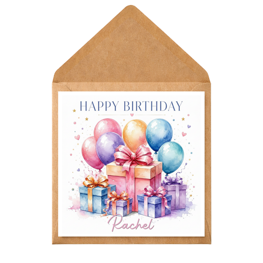 Personalised Birthday Card with Name – Balloons & Presents Design – Any Name, Any Age – Printed Message Inside Option – Cute Custom Birthday Card for Friends & Family