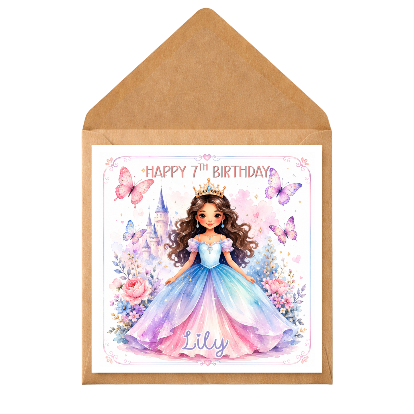 Personalised Princess Birthday Card – Any Name, Relation & Age – Butterfly Princess Card for Daughter, Granddaughter, Niece – Custom Printed Card