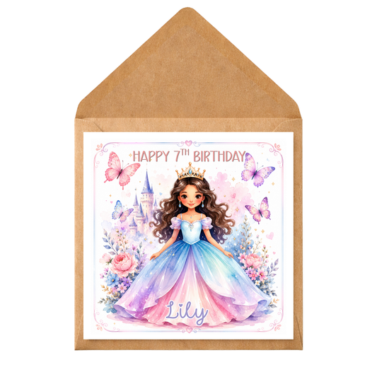 Personalised Princess Birthday Card – Any Name, Relation & Age – Butterfly Princess Card for Daughter, Granddaughter, Niece – Custom Printed Card