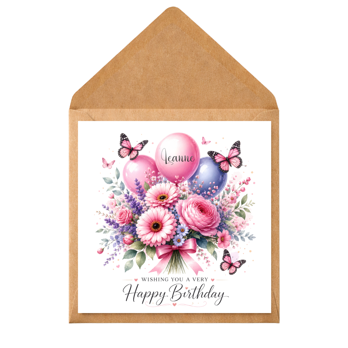Personalised Mum Birthday Card, Custom Name Floral Birthday Card, Pink Balloon Flower Card, Birthday Card for Her, Nan Sister Friend Card