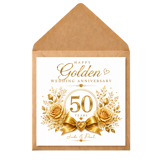 Personalised Golden Wedding Anniversary Card | 50th Anniversary Card for Couple | Gold Floral Anniversary Card | Custom Names & Message | 50 Years Married