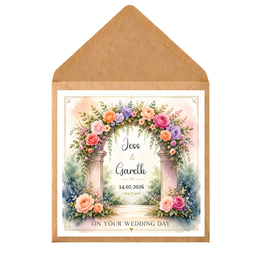 Personalised Wedding Day Card – Custom Names & Date Card – Floral Arch Wedding Card – Bride & Groom Keepsake – On Your Wedding Day