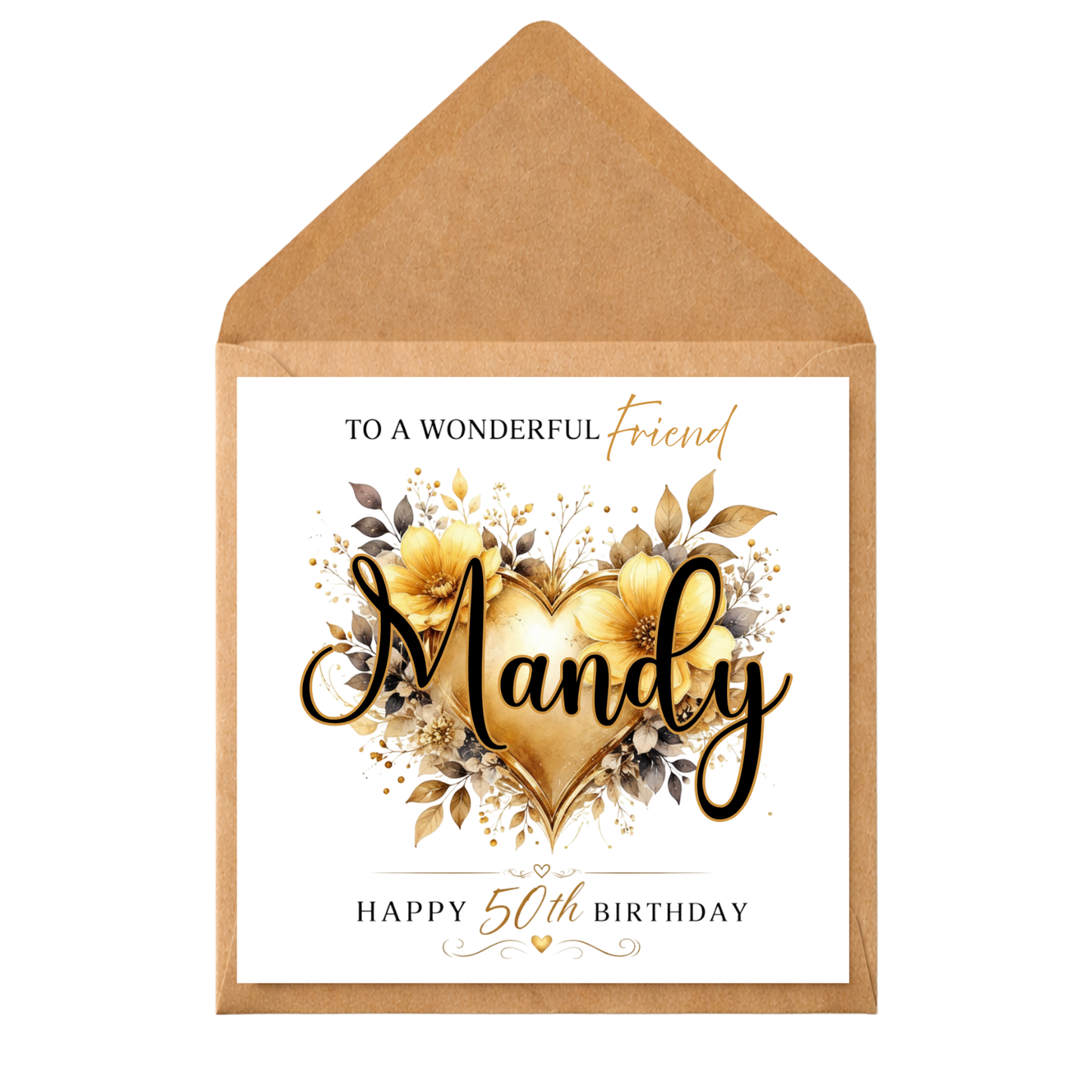 Personalised 50th Birthday Card for Friend | Custom Name Milestone Birthday Card | Gold Floral Heart Birthday Card | Any Age Any Recipient