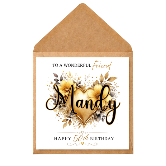 Personalised 50th Birthday Card for Friend | Custom Name Milestone Birthday Card | Gold Floral Heart Birthday Card | Any Age Any Recipient