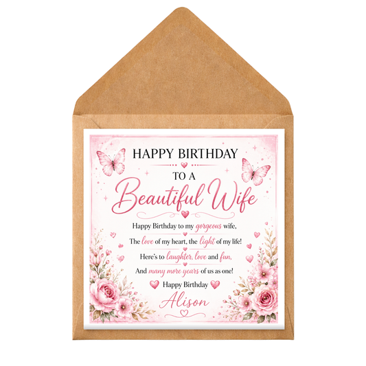 Personalised Wife Birthday Card, Happy Birthday Beautiful Wife Card, Romantic Wife Birthday Card, Custom Name Wife Card, Birthday Card for Wife