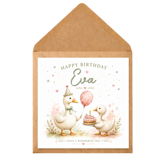 Personalised Duck Birthday Card, Cute Goose Birthday Card for Child, Any Name Birthday Card, Kids Birthday Card, Animal Birthday Card Girl Boy