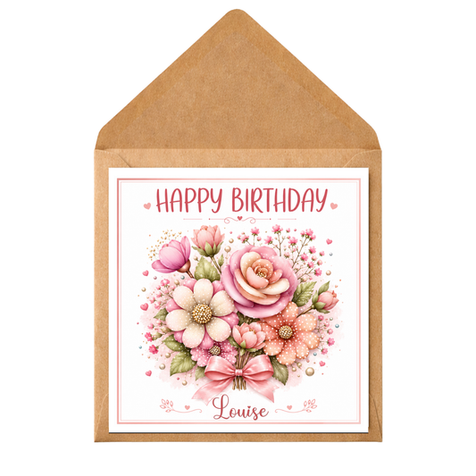 Personalised Floral Birthday Card for Any Recipient – Custom Name, Relation & Occasion – Elegant Pink Flowers – Mum, Nan, Sister, Friend