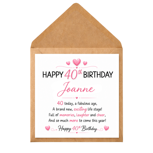 Personalised 40th Birthday Card for Her | Custom Name 40th Card | Pink Heart Birthday Card Age 40 | Female Birthday Card | Milestone 40