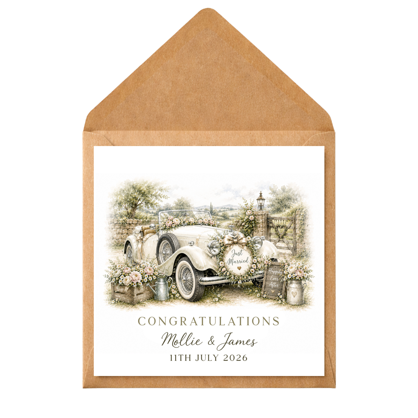 Personalised Wedding Car Card, Vintage Wedding Congratulations Card, Just Married Car Card, Custom Bride & Groom Card, Rustic Wedding Gift