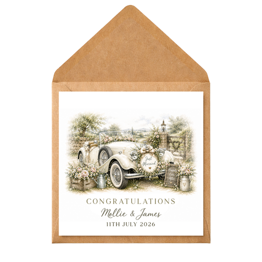 Personalised Wedding Car Card, Vintage Wedding Congratulations Card, Just Married Car Card, Custom Bride & Groom Card, Rustic Wedding Gift