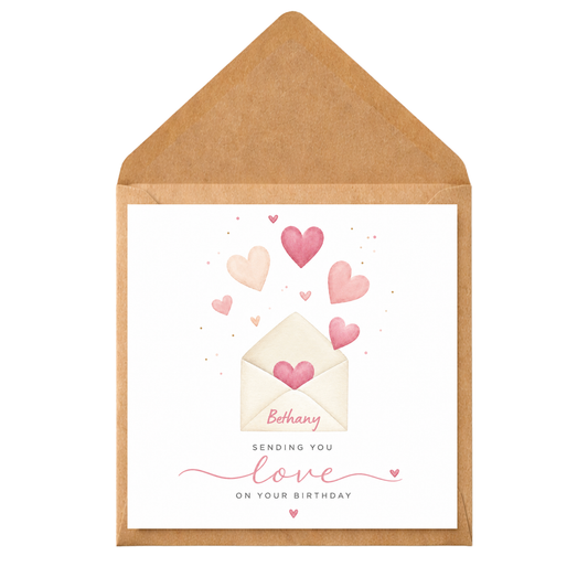 Personalised Sending You Love Birthday Card | Custom Name Birthday Card | Watercolour Hearts Card | Daughter Sister Friend Birthday Card