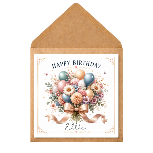 Personalised Happy Birthday Card for her – Floral & Balloon Bouquet Design – Custom Name Birthday Card – Elegant Female Birthday Card