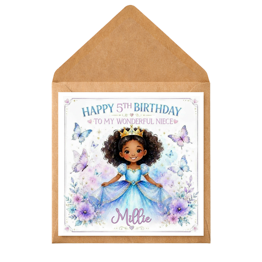 Personalised Princess Birthday Card – Any Name, Age & Relation, Princess Card for Girls, Butterfly Birthday Card, Niece Daughter Sister Granddaughter,