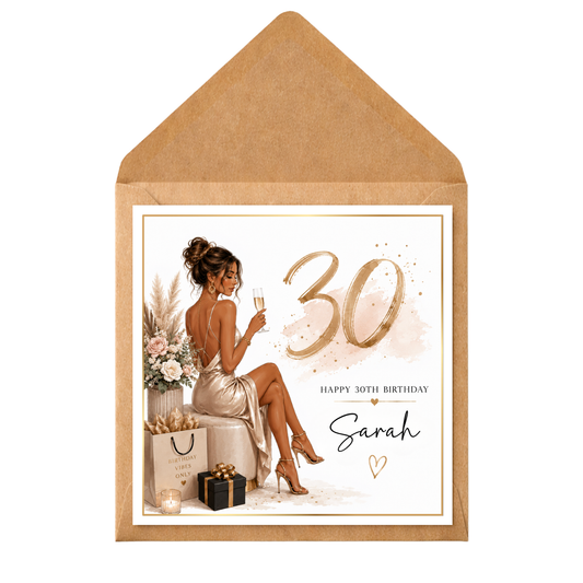 Personalised 30th Birthday Card for Her | Thirty & Thriving Birthday Card | Custom Name 30th Card | Elegant Champagne Gold Birthday Card