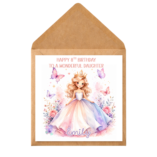 Personalised Princess Birthday Card – Add Any Name, Age & Relation – Cute Girl Birthday Card – Kids Birthday Card – Daughter Granddaughter Niece