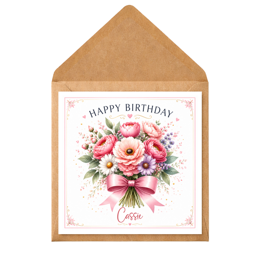 Personalised Floral Birthday Card – Custom Name Birthday Card – Pink Flower Bouquet Birthday Card – Personalised Happy Birthday Card for Her – Mum Sister Friend